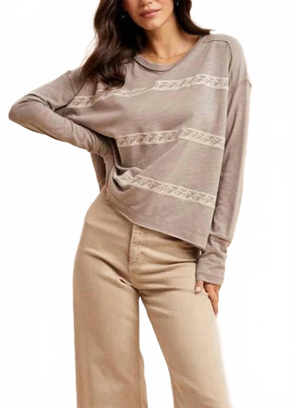 NEW IN-LOOM floral embroidery striped tee shirt in stone taupe